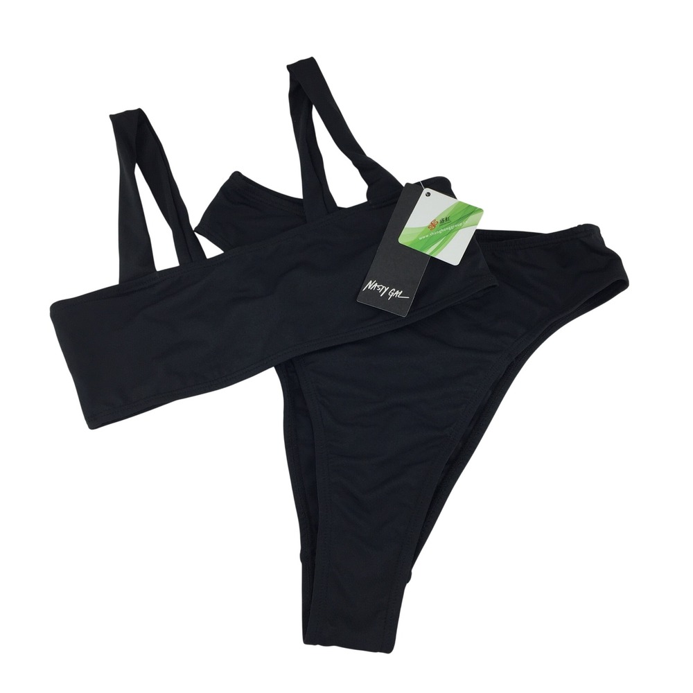 Nasty Gal Bikini Set Size 2 Black Square Neck Crop High Cut Cheeky Swimsuit NWT